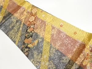 斜線に草花・蝶・古典柄模様織出し袋帯